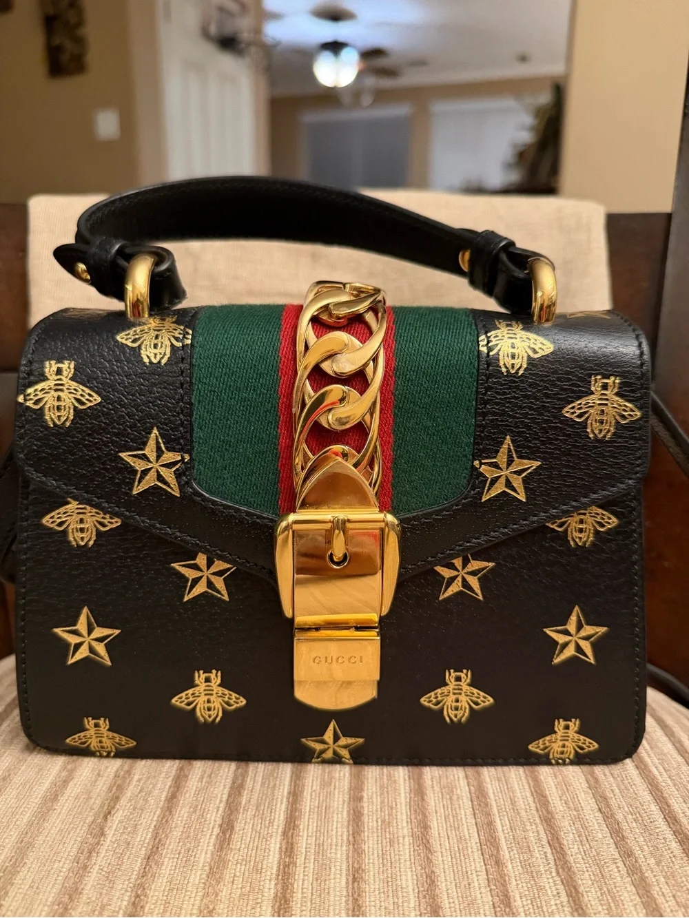 Authentic Gucci Sylvie Bee Star Black Leather Satchel w/ strap